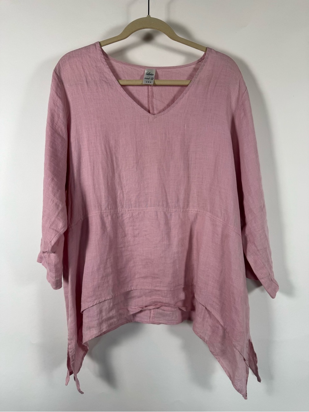 Luisa & Q Light Pink V-Neck Linen Tunic Top MED Lagenlook Oversized Soft USA